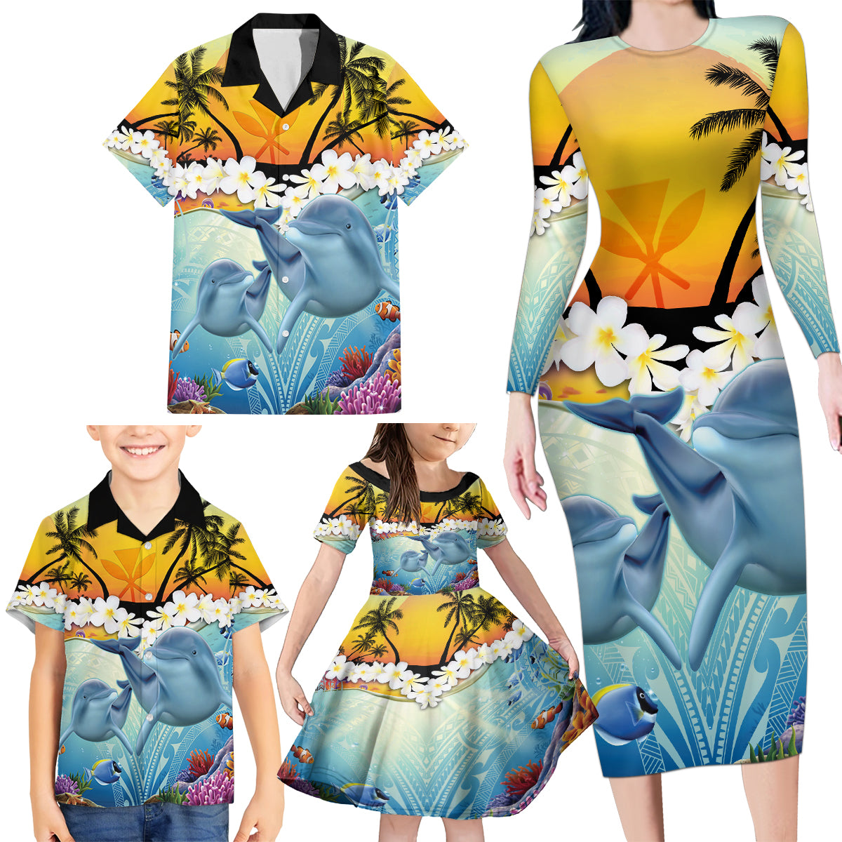 Aloha Hawaii Dolphins Family Matching Long Sleeve Bodycon Dress and Hawaiian Shirt Heart Of The Ocean Tropical Summer Vibes LT14 - Polynesian Pride