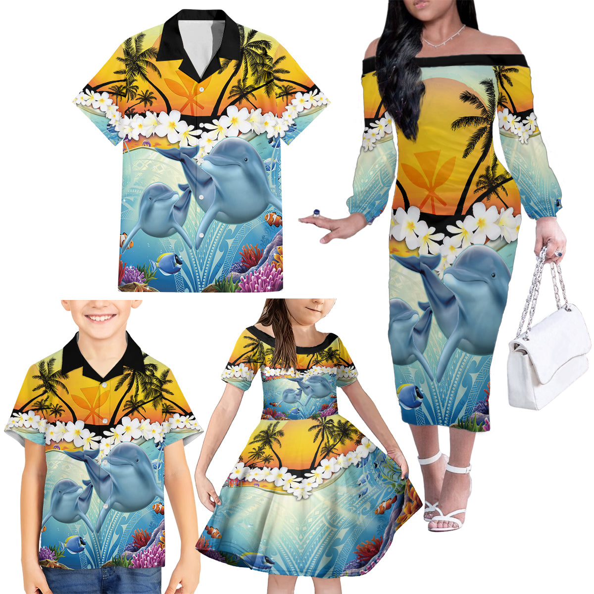 Aloha Hawaii Dolphins Family Matching Off Shoulder Long Sleeve Dress and Hawaiian Shirt Heart Of The Ocean Tropical Summer Vibes LT14 - Polynesian Pride