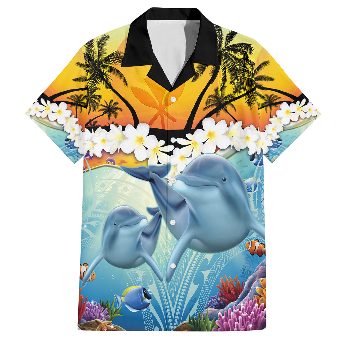 Aloha Hawaii Dolphins Family Matching Off Shoulder Long Sleeve Dress and Hawaiian Shirt Heart Of The Ocean Tropical Summer Vibes LT14 Dad's Shirt - Short Sleeve Blue - Polynesian Pride
