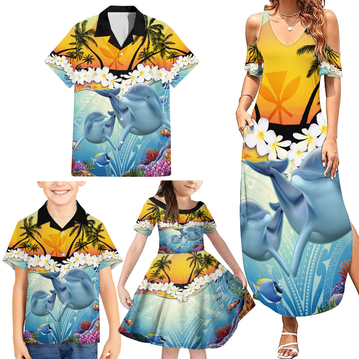 Aloha Hawaii Dolphins Family Matching Summer Maxi Dress and Hawaiian Shirt Heart Of The Ocean Tropical Summer Vibes LT14 - Polynesian Pride