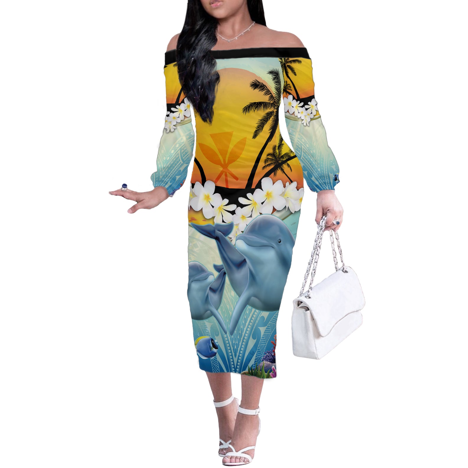 Aloha Hawaii Dolphins Off The Shoulder Long Sleeve Dress Heart Of The Ocean Tropical Summer Vibes LT14 Women Blue - Polynesian Pride