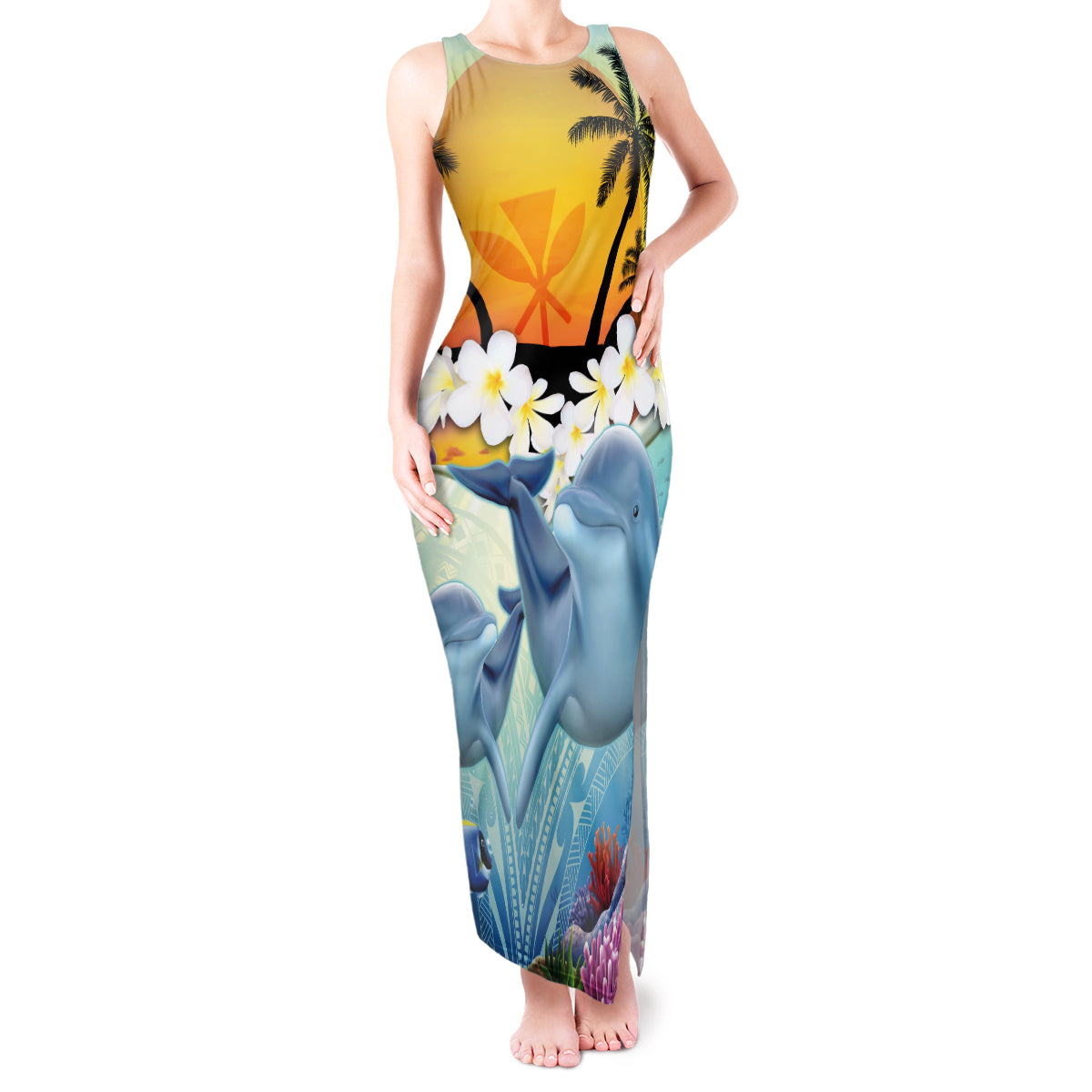 Aloha Hawaii Dolphins Tank Maxi Dress Heart Of The Ocean Tropical Summer Vibes LT14 Women Blue - Polynesian Pride