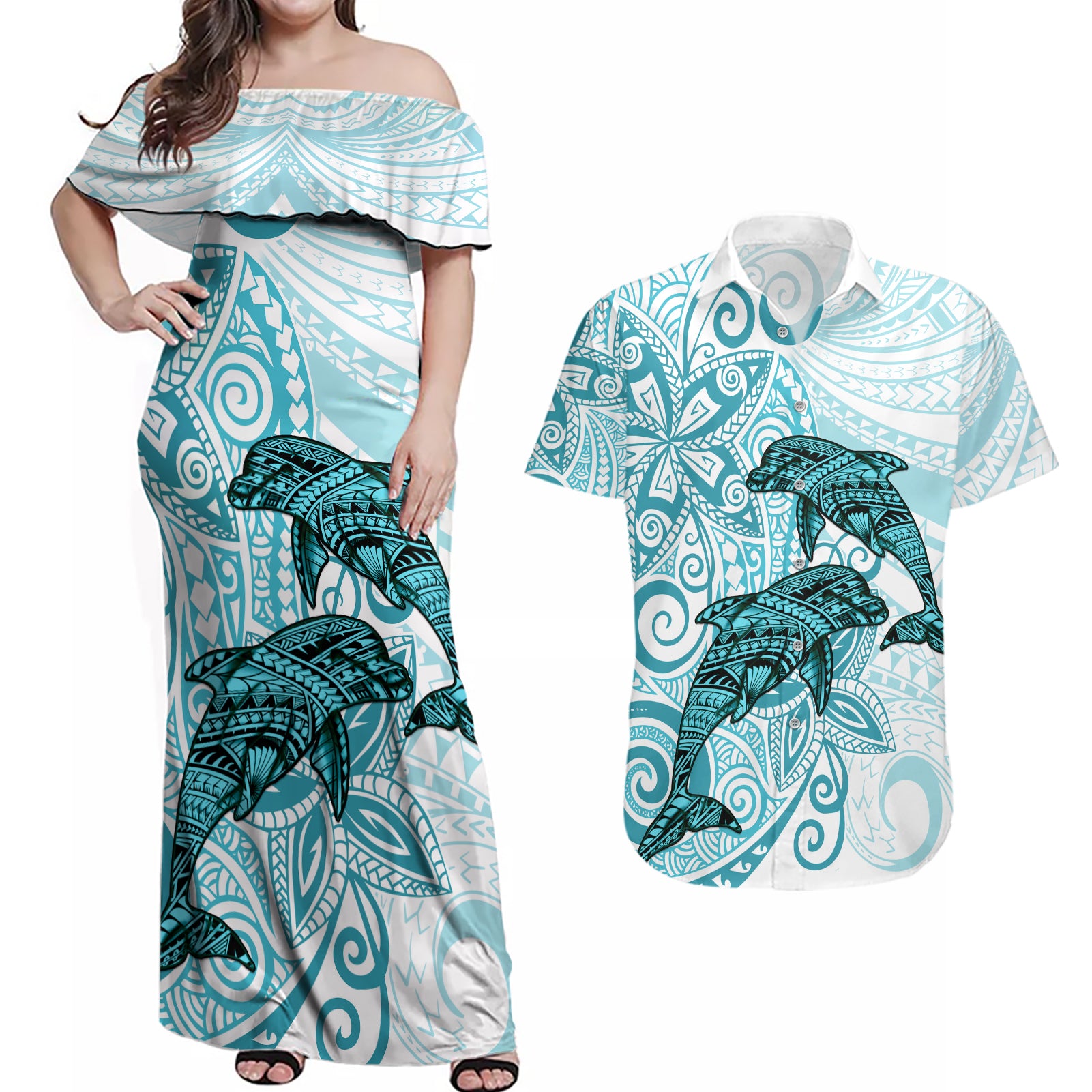 Polynesia Dolphins Couples Matching Off Shoulder Maxi Dress and Hawaiian Shirt Valentine Day Floral Polynesian - Vintage Dark Cyan LT14 Dark Cyan - Polynesian Pride