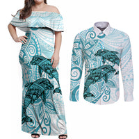 Polynesia Dolphins Couples Matching Off Shoulder Maxi Dress and Long Sleeve Button Shirt Valentine Day Floral Polynesian - Vintage Dark Cyan LT14 Dark Cyan - Polynesian Pride