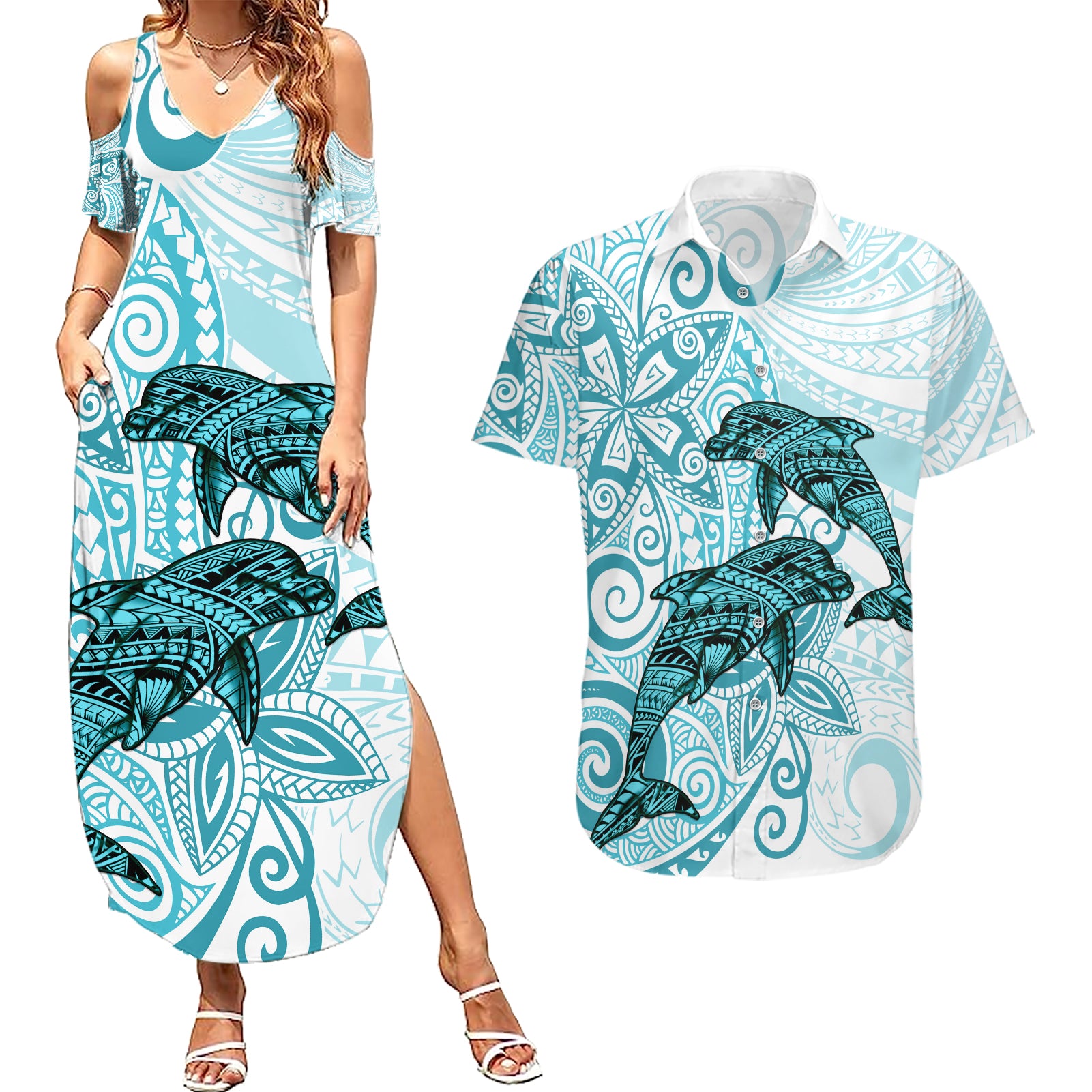 Polynesia Dolphins Couples Matching Summer Maxi Dress and Hawaiian Shirt Valentine Day Floral Polynesian - Vintage Dark Cyan LT14 Dark Cyan - Polynesian Pride