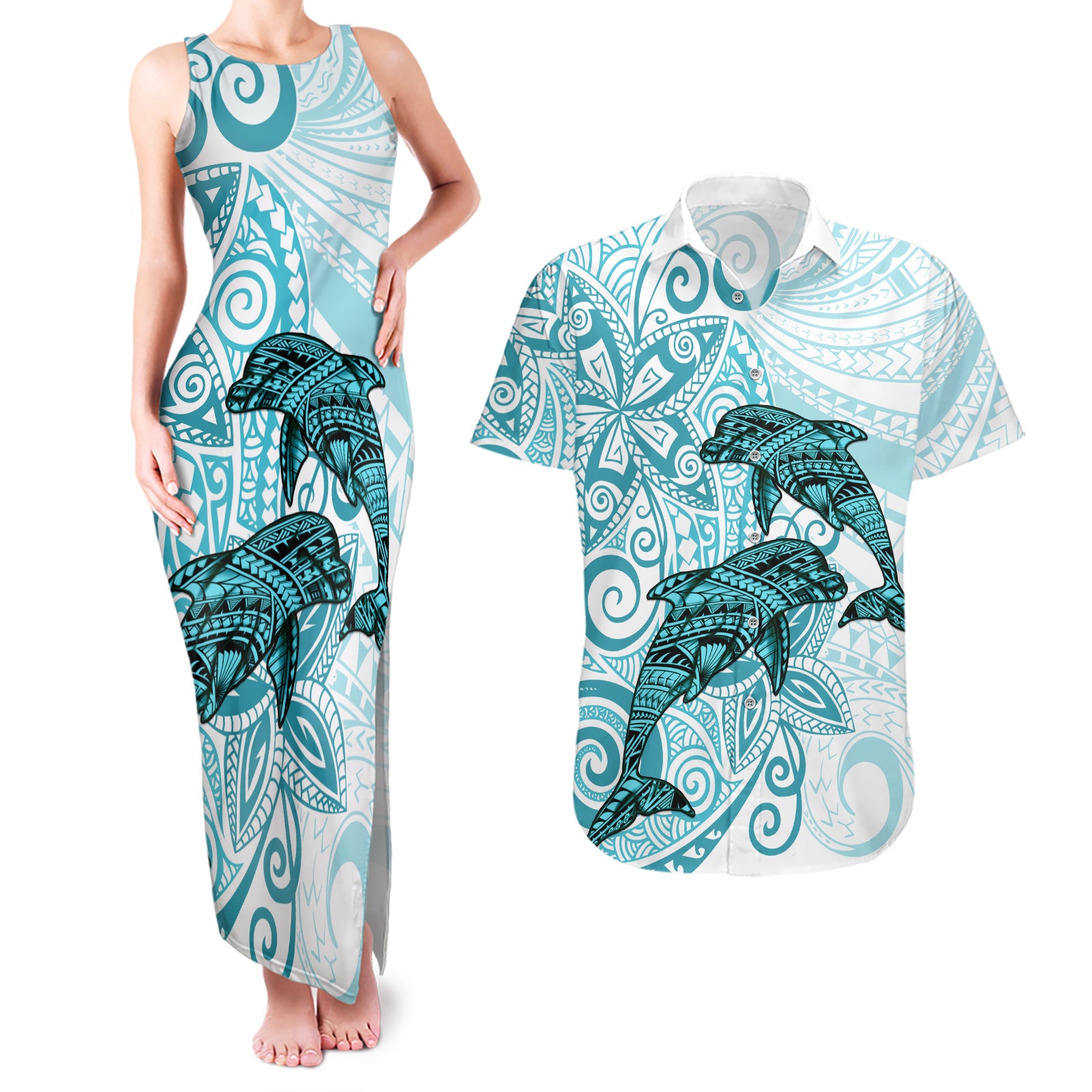 Polynesia Dolphins Couples Matching Tank Maxi Dress and Hawaiian Shirt Valentine Day Floral Polynesian - Vintage Dark Cyan LT14 Dark Cyan - Polynesian Pride