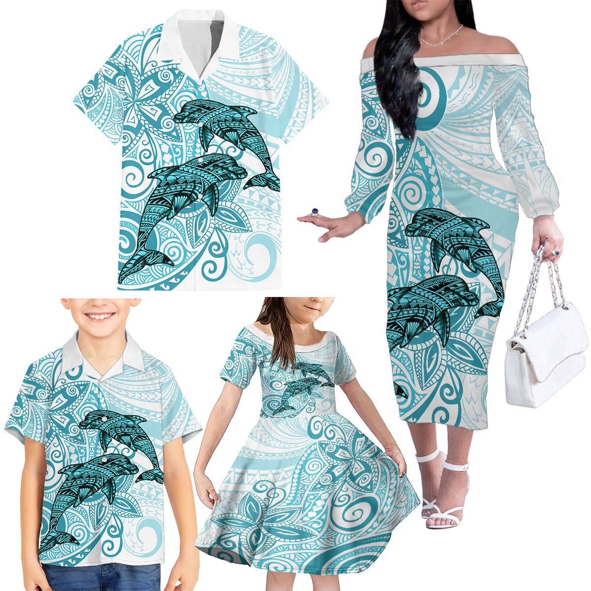 Polynesia Dolphins Family Matching Off Shoulder Long Sleeve Dress and Hawaiian Shirt Valentine Day Floral Polynesian - Vintage Dark Cyan LT14 - Polynesian Pride