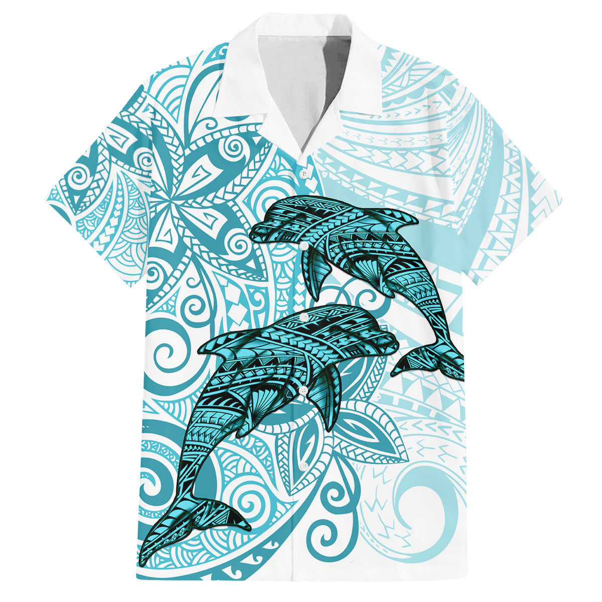 Polynesia Dolphins Family Matching Off Shoulder Long Sleeve Dress and Hawaiian Shirt Valentine Day Floral Polynesian - Vintage Dark Cyan LT14 Dad's Shirt - Short Sleeve Dark Cyan - Polynesian Pride