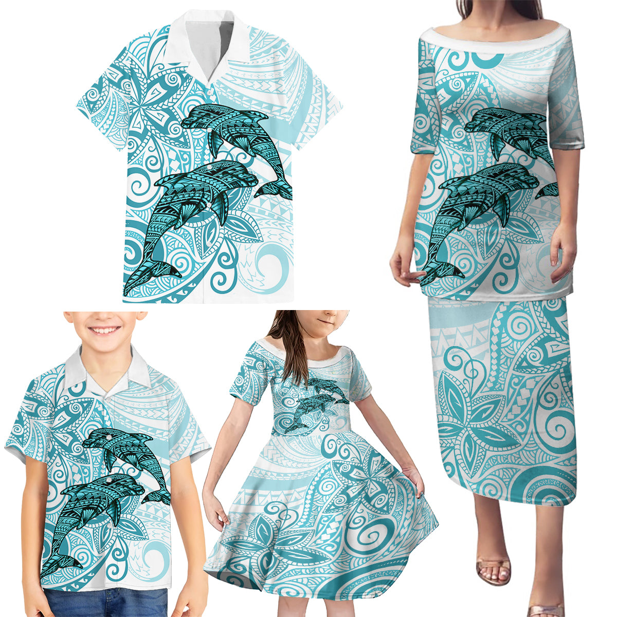 Polynesia Dolphins Family Matching Puletasi and Hawaiian Shirt Valentine Day Floral Polynesian - Vintage Dark Cyan LT14 - Polynesian Pride