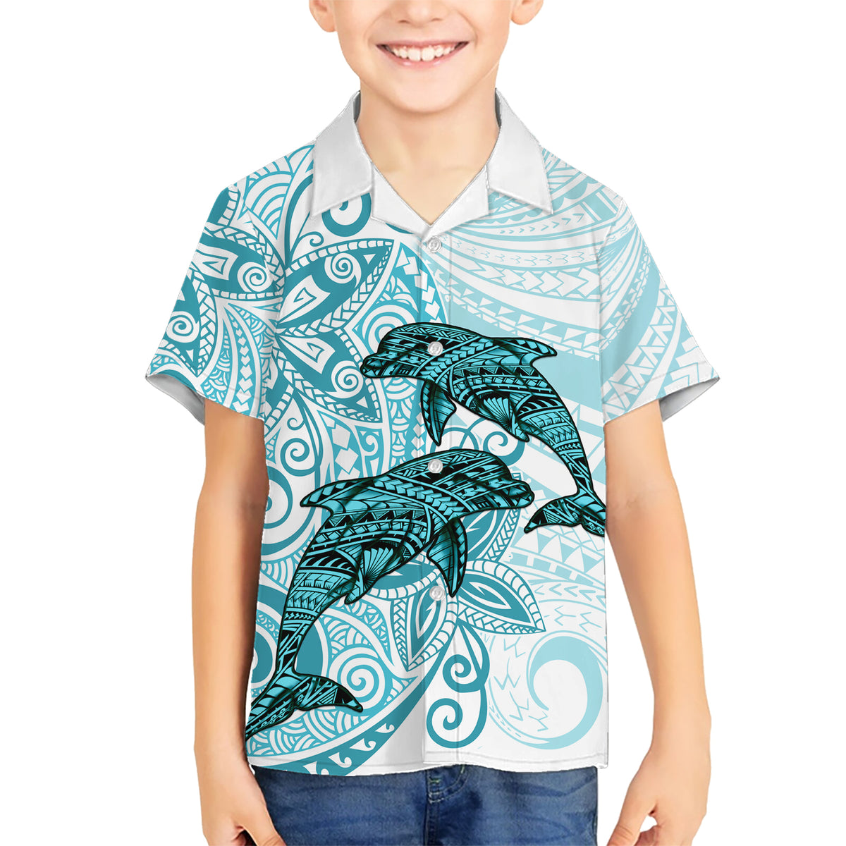 Polynesia Dolphins Kid Hawaiian Shirt Valentine Day Floral Polynesian - Vintage Dark Cyan LT14 Kid Dark Cyan - Polynesian Pride