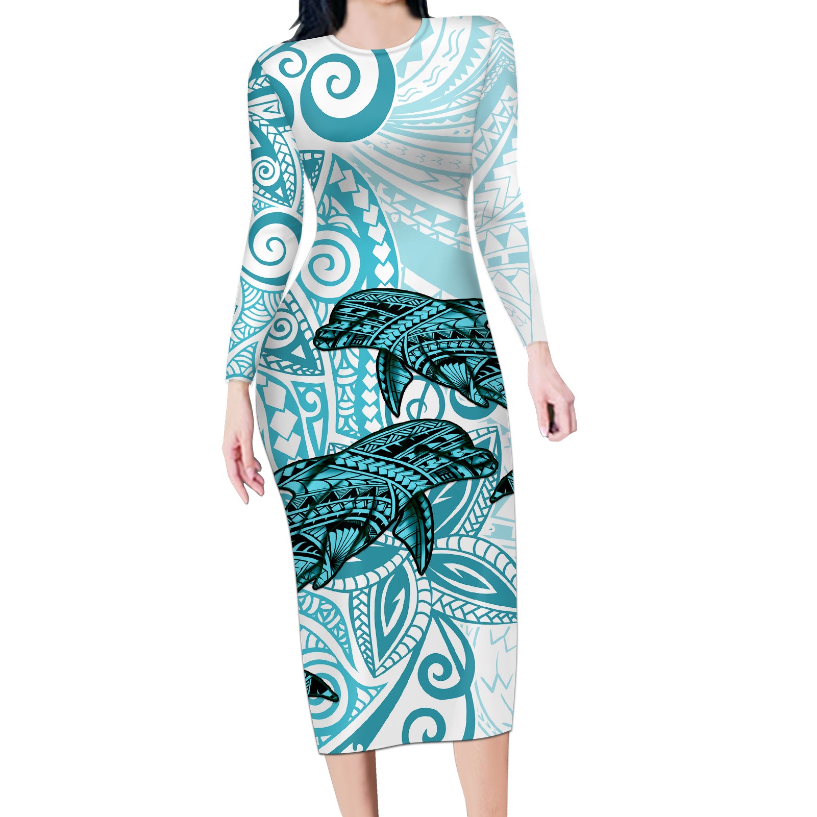 Polynesia Dolphins Long Sleeve Bodycon Dress Valentine Day Floral Polynesian - Vintage Dark Cyan LT14 Long Dress Dark Cyan - Polynesian Pride