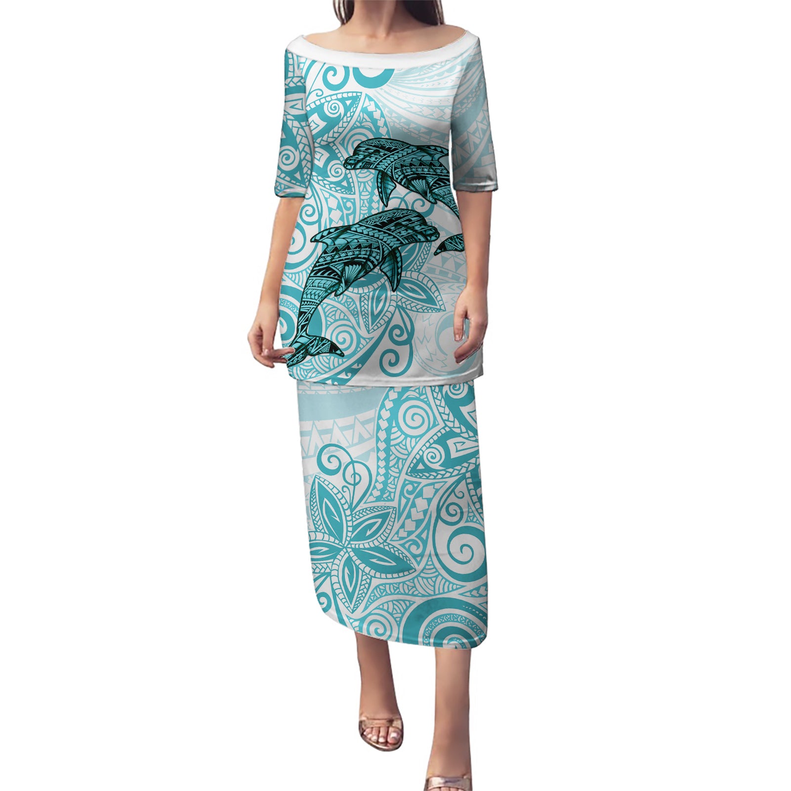 Polynesia Dolphins Puletasi Valentine Day Floral Polynesian - Vintage Dark Cyan LT14 Long Dress Dark Cyan - Polynesian Pride