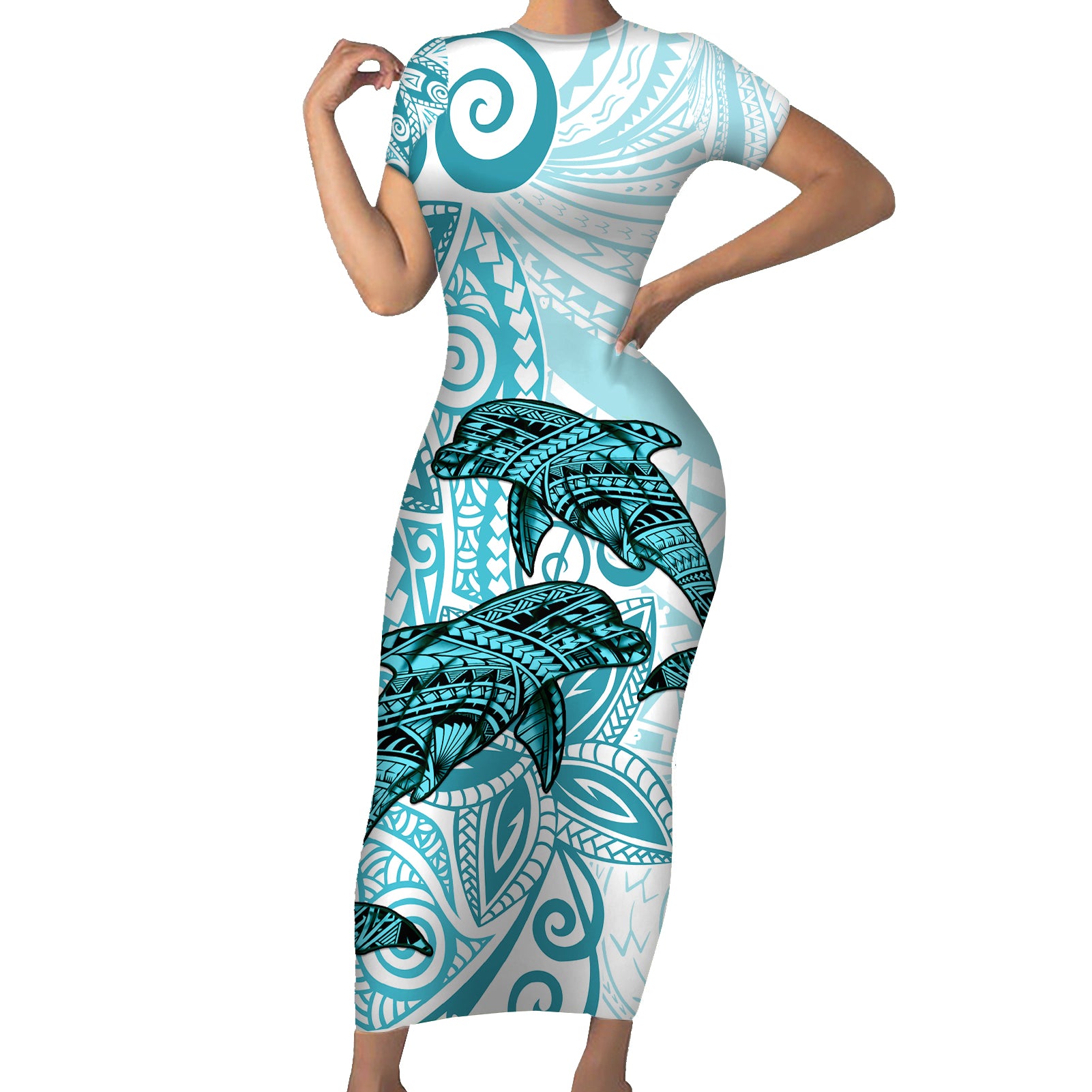 Polynesia Dolphins Short Sleeve Bodycon Dress Valentine Day Floral Polynesian - Vintage Dark Cyan LT14 Long Dress Dark Cyan - Polynesian Pride