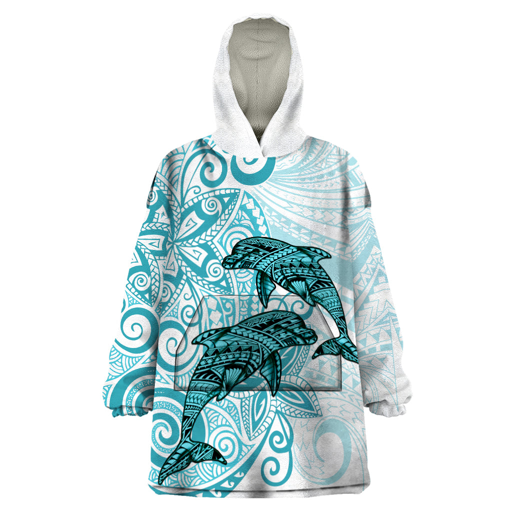 Polynesia Dolphins Wearable Blanket Hoodie Valentine Day Floral Polynesian - Vintage Dark Cyan LT14 One Size Dark Cyan - Polynesian Pride