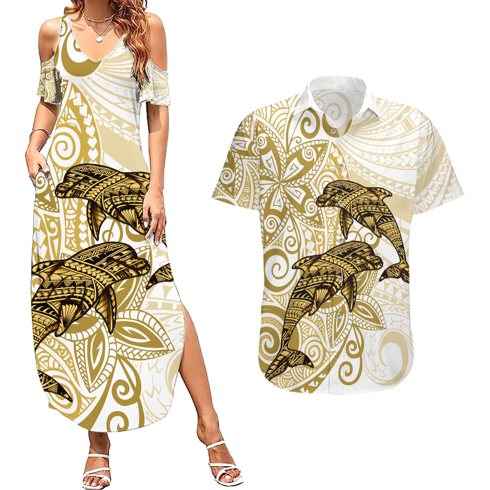 Polynesia Dolphins Couples Matching Summer Maxi Dress and Hawaiian Shirt Valentine Day Floral Polynesian - Vintage Brown LT14 Brown - Polynesian Pride