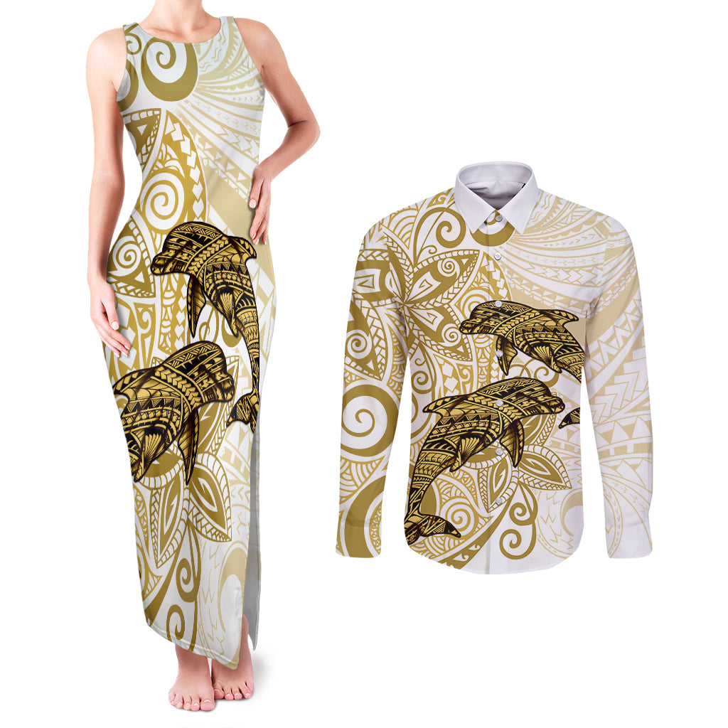 Polynesia Dolphins Couples Matching Tank Maxi Dress and Long Sleeve Button Shirt Valentine Day Floral Polynesian - Vintage Brown LT14 Brown - Polynesian Pride