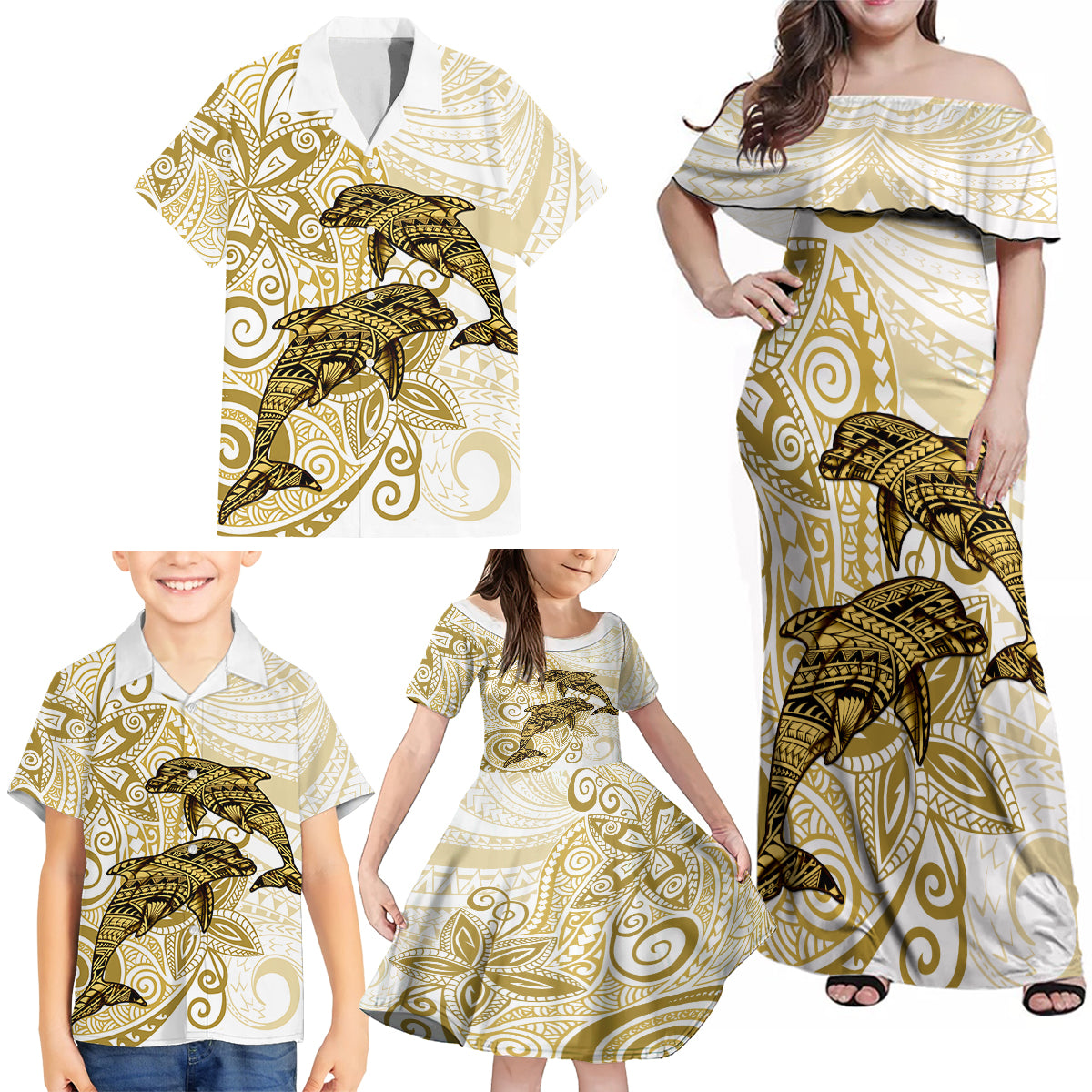 Polynesia Dolphins Family Matching Off Shoulder Maxi Dress and Hawaiian Shirt Valentine Day Floral Polynesian - Vintage Brown LT14 - Polynesian Pride