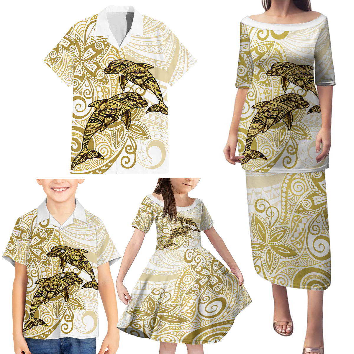 Polynesia Dolphins Family Matching Puletasi and Hawaiian Shirt Valentine Day Floral Polynesian - Vintage Brown LT14 - Polynesian Pride