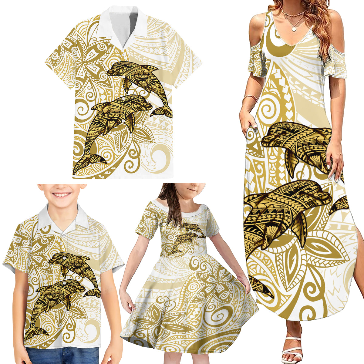 Polynesia Dolphins Family Matching Summer Maxi Dress and Hawaiian Shirt Valentine Day Floral Polynesian - Vintage Brown LT14 - Polynesian Pride