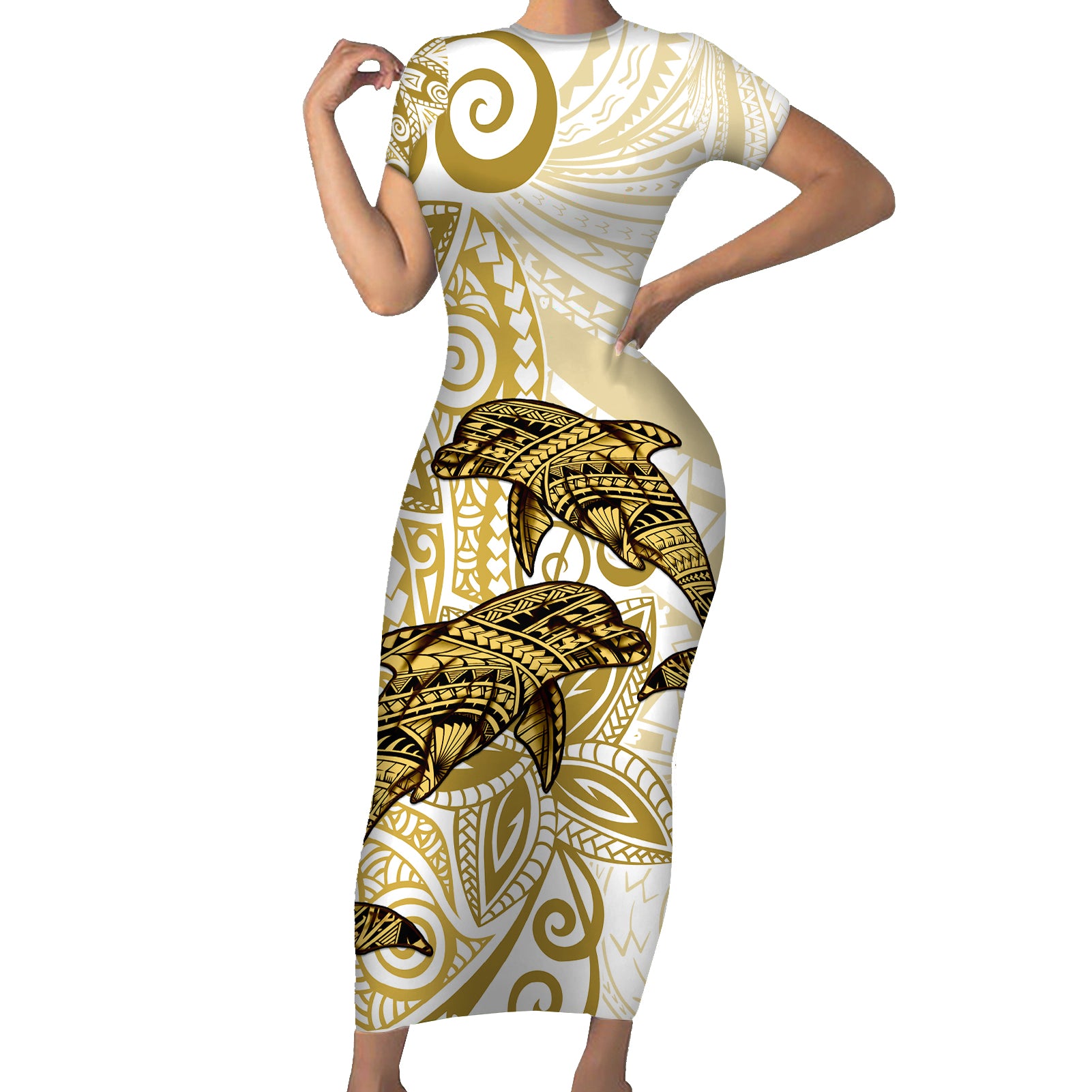 Polynesia Dolphins Short Sleeve Bodycon Dress Valentine Day Floral Polynesian - Vintage Brown LT14 Long Dress Brown - Polynesian Pride