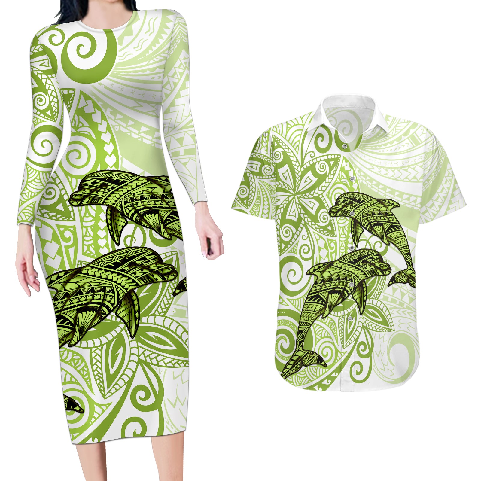 Polynesia Dolphins Couples Matching Long Sleeve Bodycon Dress and Hawaiian Shirt Valentine Day Floral Polynesian - Vintage Lime Green LT14 Lime Green - Polynesian Pride