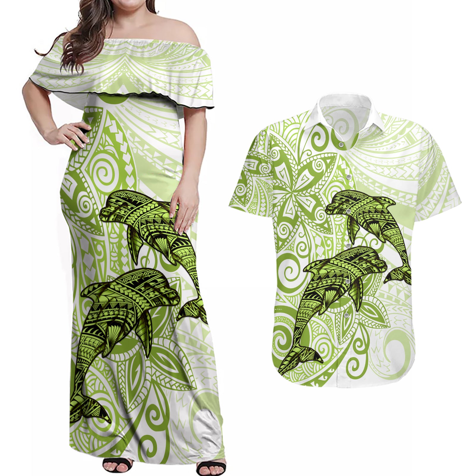 Polynesia Dolphins Couples Matching Off Shoulder Maxi Dress and Hawaiian Shirt Valentine Day Floral Polynesian - Vintage Lime Green LT14 Lime Green - Polynesian Pride