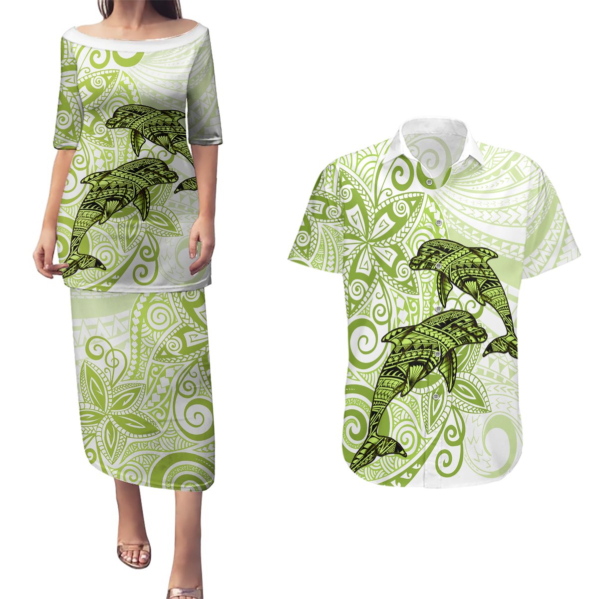 Polynesia Dolphins Couples Matching Puletasi and Hawaiian Shirt Valentine Day Floral Polynesian - Vintage Lime Green LT14 Lime Green - Polynesian Pride