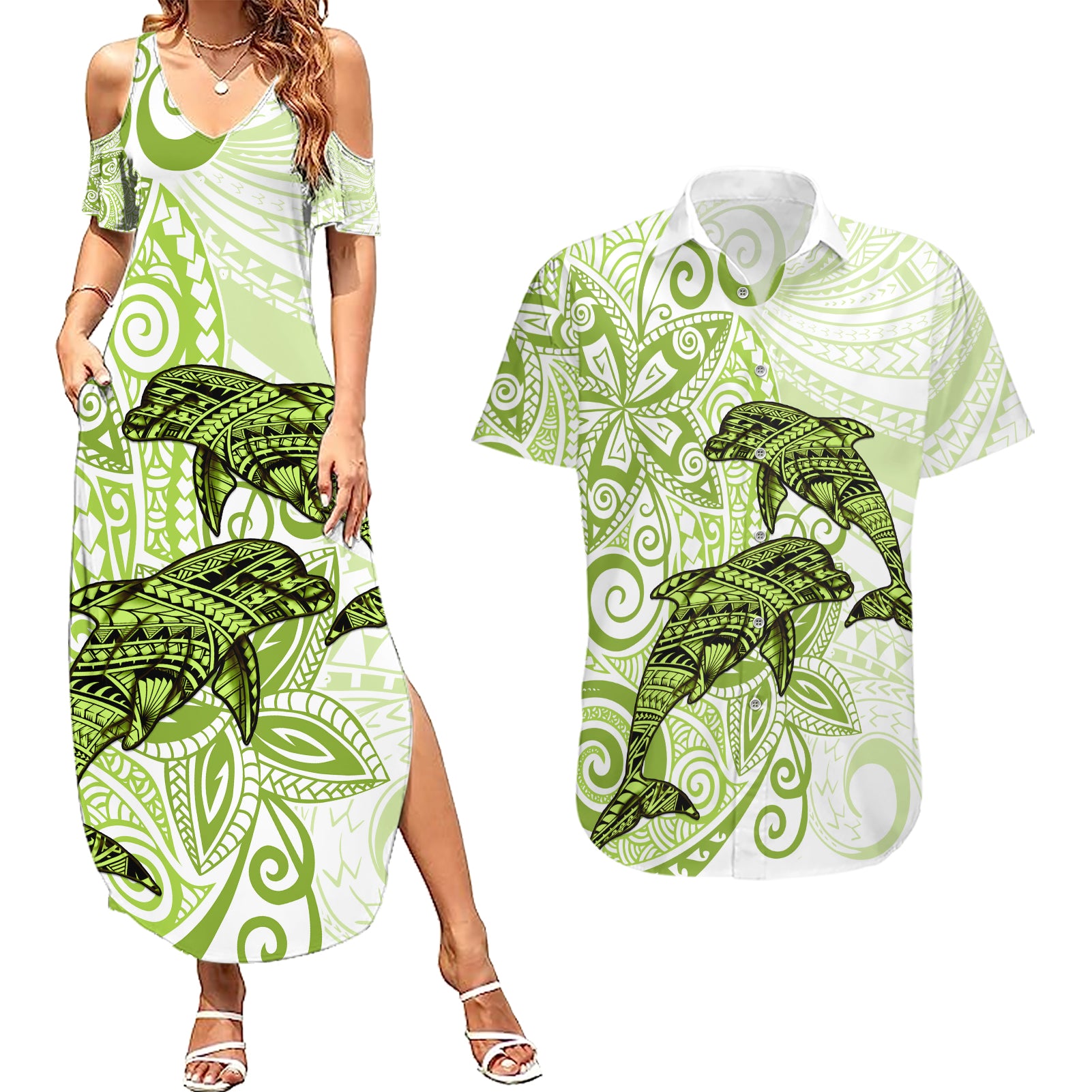 Polynesia Dolphins Couples Matching Summer Maxi Dress and Hawaiian Shirt Valentine Day Floral Polynesian - Vintage Lime Green LT14 Lime Green - Polynesian Pride