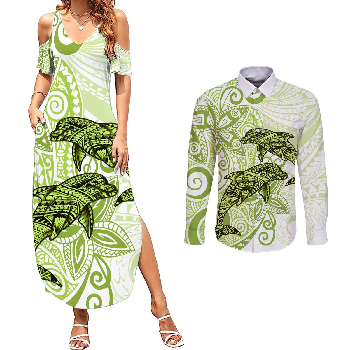 Polynesia Dolphins Couples Matching Summer Maxi Dress and Long Sleeve Button Shirt Valentine Day Floral Polynesian - Vintage Lime Green LT14 Lime Green - Polynesian Pride