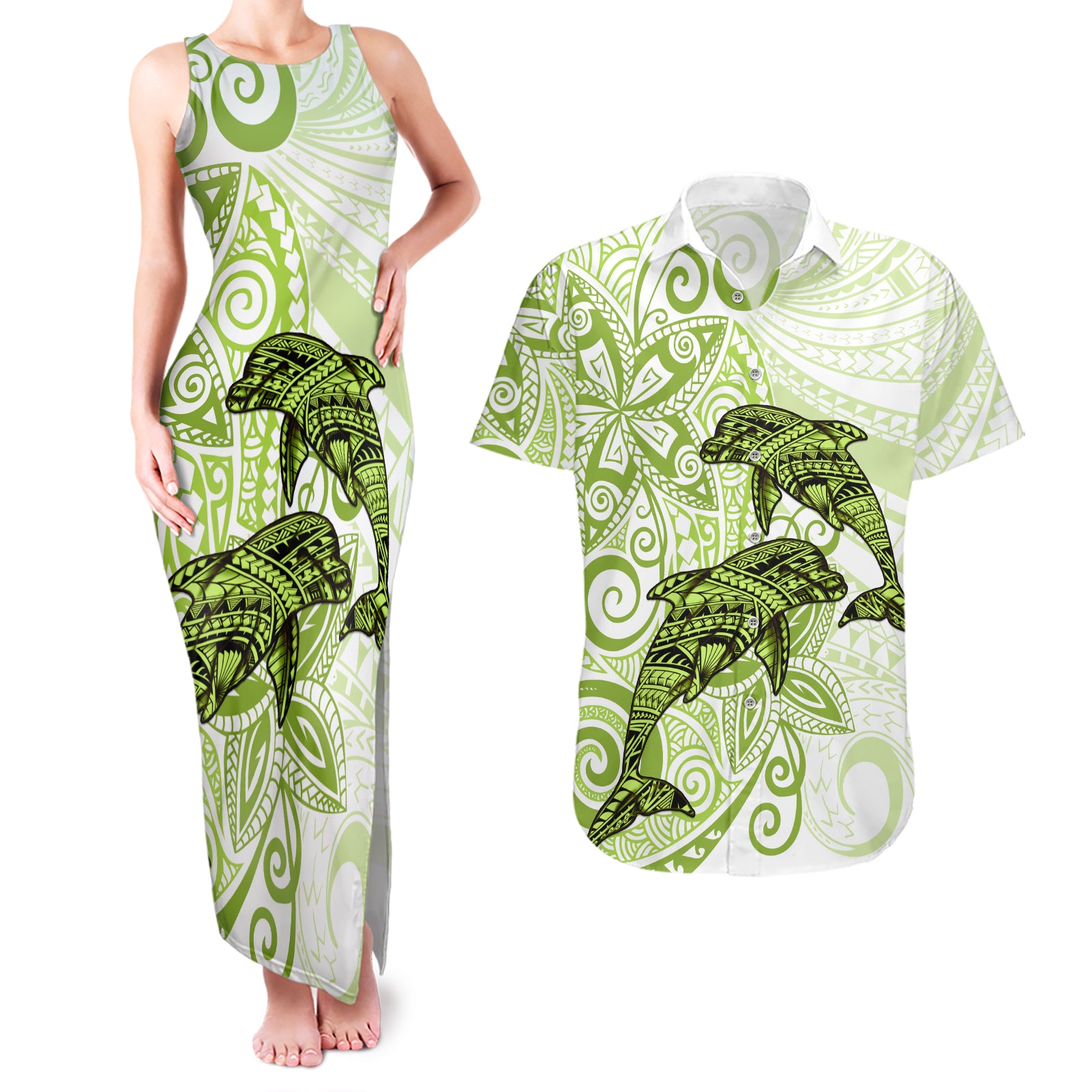 Polynesia Dolphins Couples Matching Tank Maxi Dress and Hawaiian Shirt Valentine Day Floral Polynesian - Vintage Lime Green LT14 Lime Green - Polynesian Pride