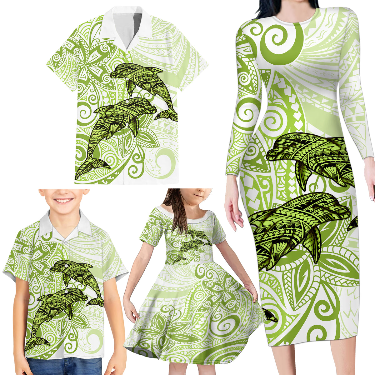 Polynesia Dolphins Family Matching Long Sleeve Bodycon Dress and Hawaiian Shirt Valentine Day Floral Polynesian - Vintage Lime Green LT14 - Polynesian Pride