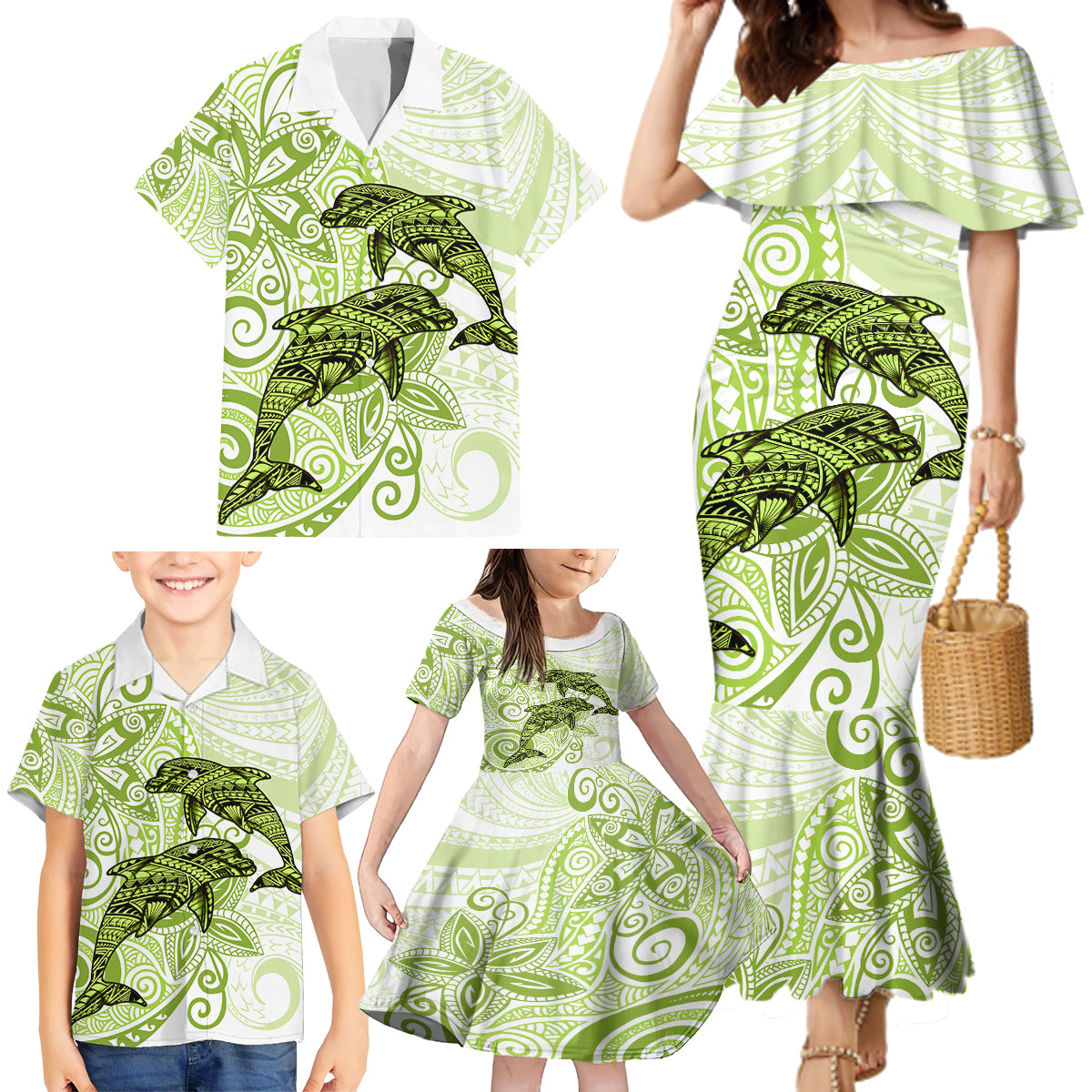 Polynesia Dolphins Family Matching Mermaid Dress and Hawaiian Shirt Valentine Day Floral Polynesian - Vintage Lime Green LT14 - Polynesian Pride