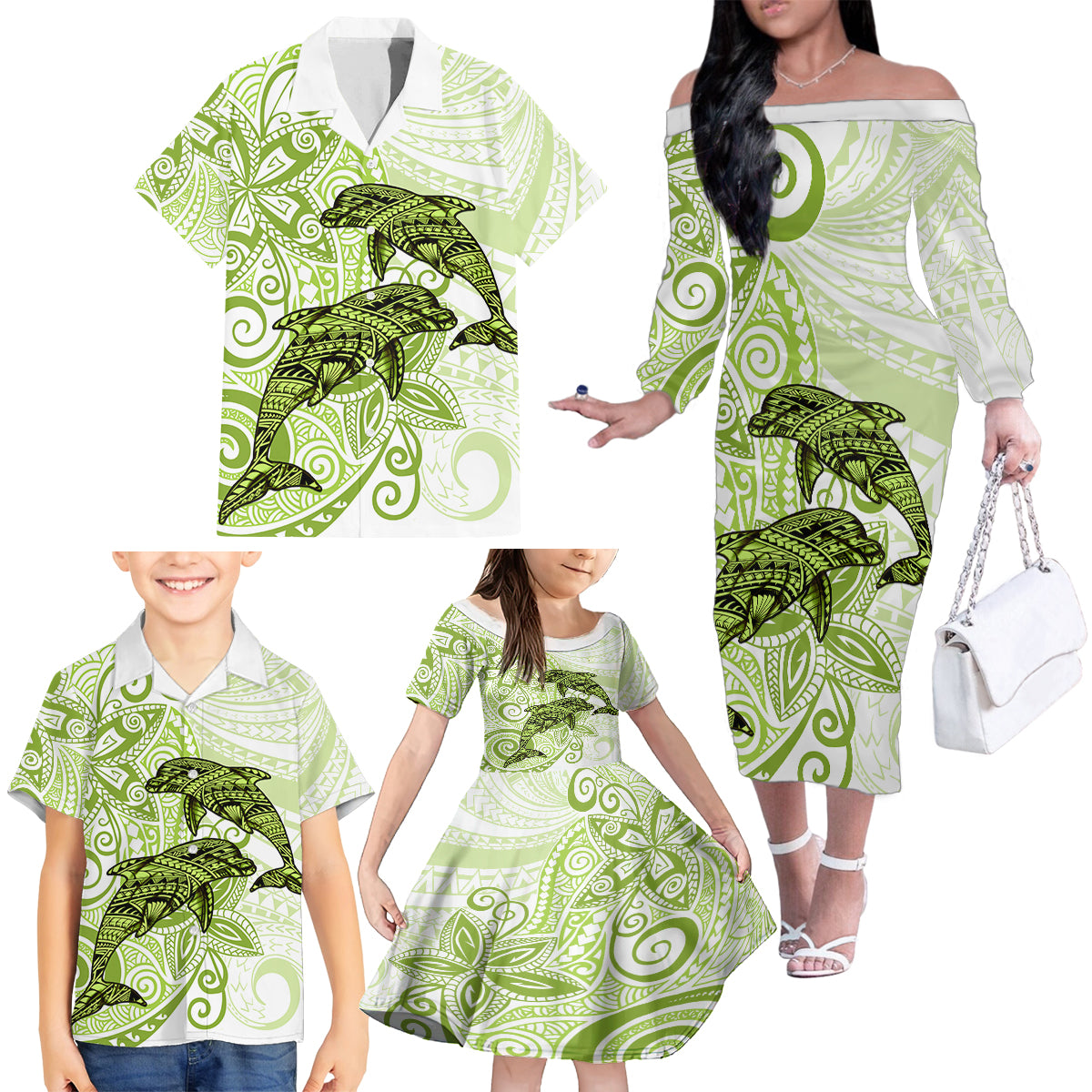 Polynesia Dolphins Family Matching Off Shoulder Long Sleeve Dress and Hawaiian Shirt Valentine Day Floral Polynesian - Vintage Lime Green LT14 - Polynesian Pride