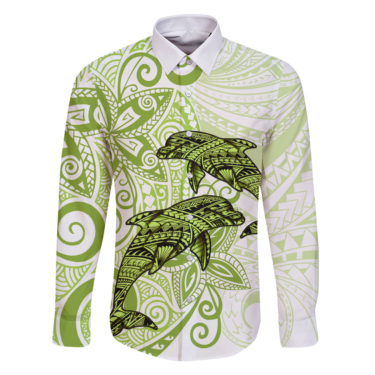 Polynesia Dolphins Family Matching Off Shoulder Short Dress and Hawaiian Shirt Valentine Day Floral Polynesian - Vintage Lime Green LT14 Dad's Shirt - Long Sleeve Lime Green - Polynesian Pride