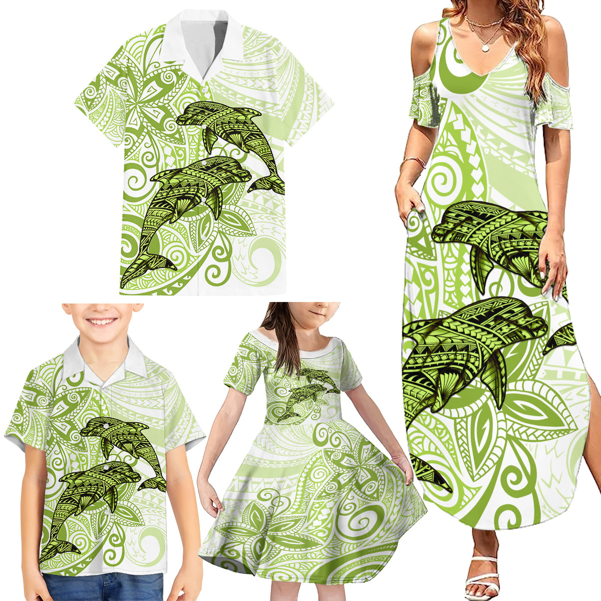 Polynesia Dolphins Family Matching Summer Maxi Dress and Hawaiian Shirt Valentine Day Floral Polynesian - Vintage Lime Green LT14 - Polynesian Pride