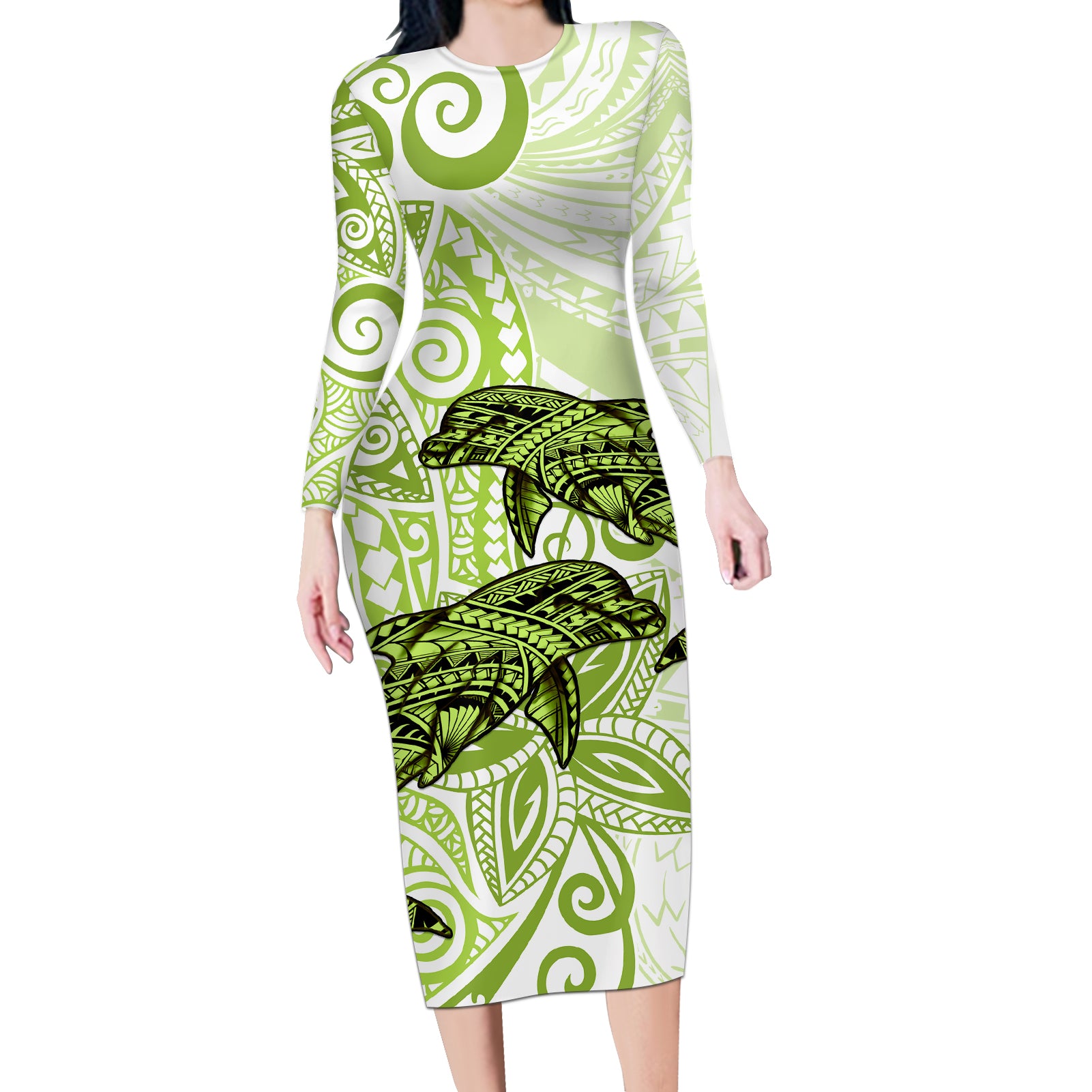 Polynesia Dolphins Long Sleeve Bodycon Dress Valentine Day Floral Polynesian - Vintage Lime Green LT14 Long Dress Lime Green - Polynesian Pride