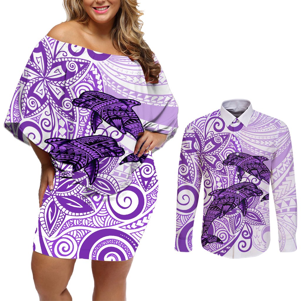 Polynesia Dolphins Couples Matching Off Shoulder Short Dress and Long Sleeve Button Shirt Valentine Day Floral Polynesian - Vintage Purple LT14 Purple - Polynesian Pride