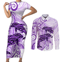 Polynesia Dolphins Couples Matching Short Sleeve Bodycon Dress and Long Sleeve Button Shirt Valentine Day Floral Polynesian - Vintage Purple LT14 Purple - Polynesian Pride