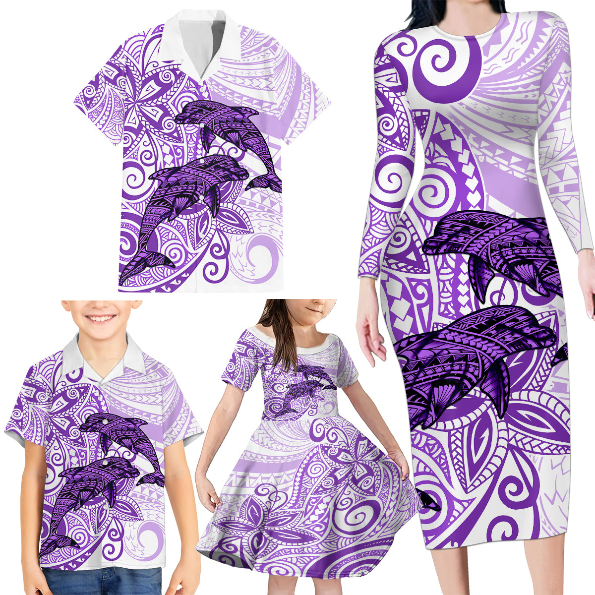 Polynesia Dolphins Family Matching Long Sleeve Bodycon Dress and Hawaiian Shirt Valentine Day Floral Polynesian - Vintage Purple LT14 - Polynesian Pride