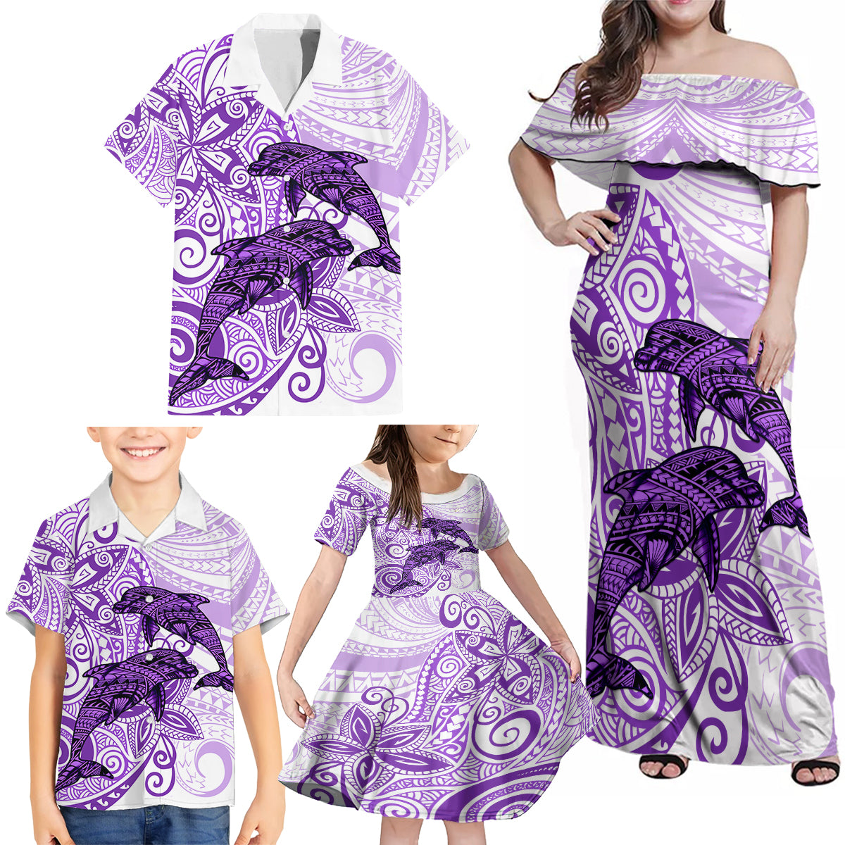 Polynesia Dolphins Family Matching Off Shoulder Maxi Dress and Hawaiian Shirt Valentine Day Floral Polynesian - Vintage Purple LT14 - Polynesian Pride