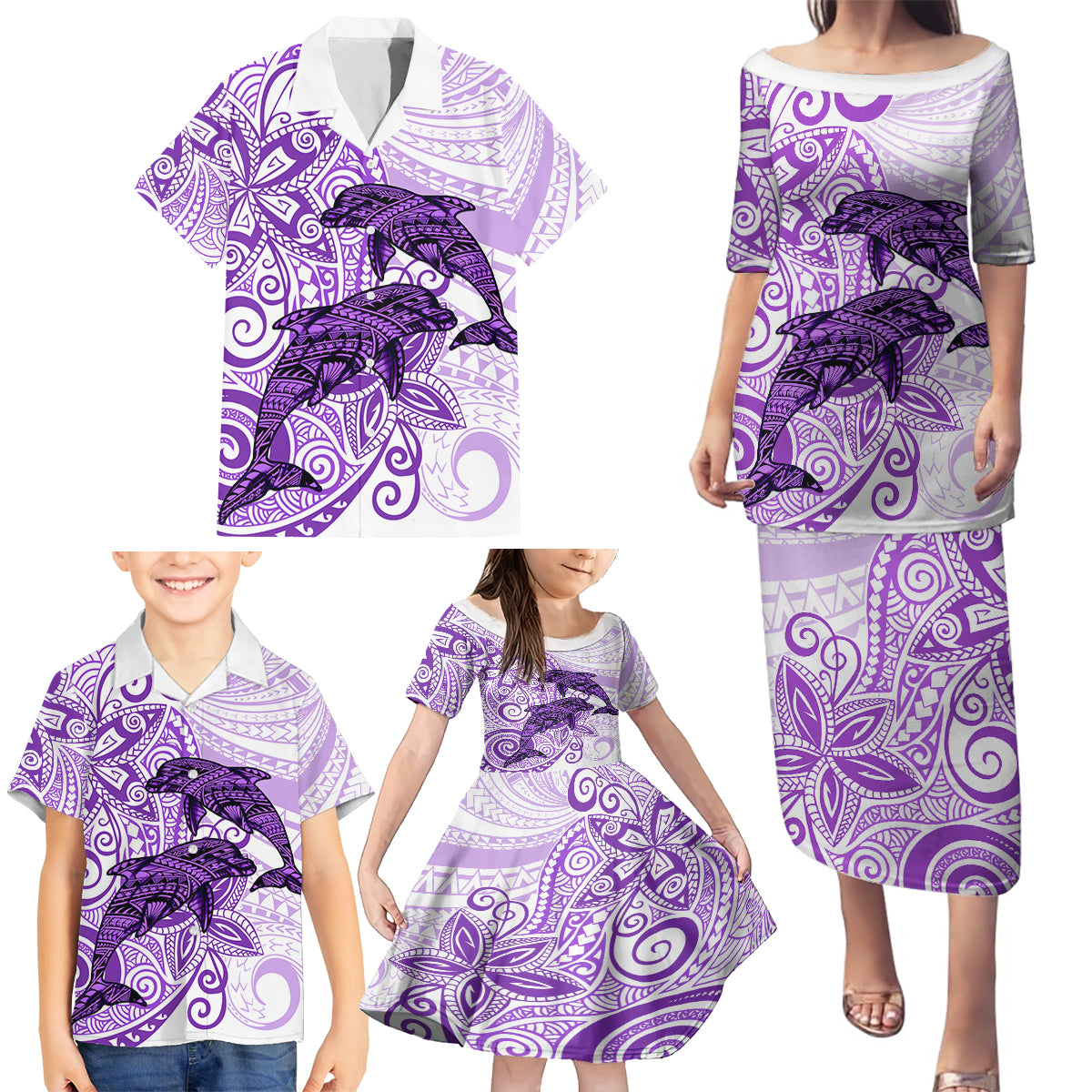 Polynesia Dolphins Family Matching Puletasi and Hawaiian Shirt Valentine Day Floral Polynesian - Vintage Purple LT14 - Polynesian Pride