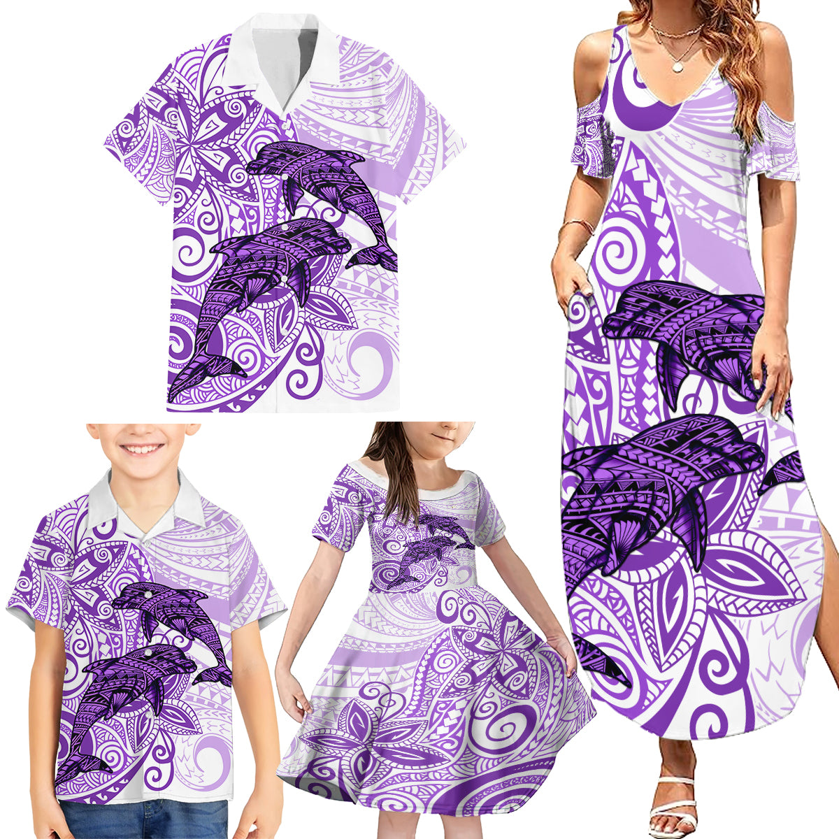 Polynesia Dolphins Family Matching Summer Maxi Dress and Hawaiian Shirt Valentine Day Floral Polynesian - Vintage Purple LT14 - Polynesian Pride