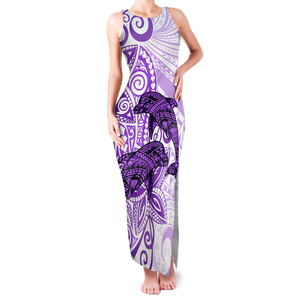 Polynesia Dolphins Family Matching Tank Maxi Dress and Hawaiian Shirt Valentine Day Floral Polynesian - Vintage Purple LT14 Mom's Dress Purple - Polynesian Pride