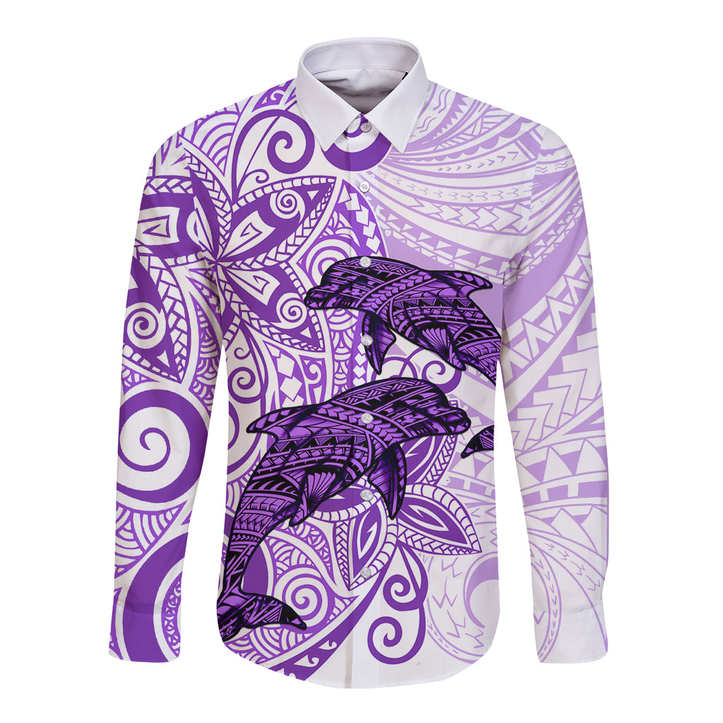 Polynesia Dolphins Long Sleeve Button Shirt Valentine Day Floral Polynesian - Vintage Purple LT14 Unisex Purple - Polynesian Pride