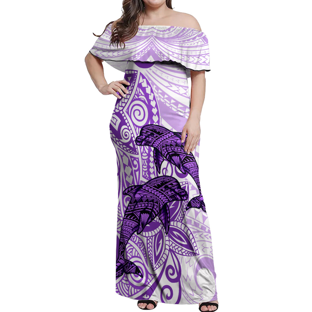 Polynesia Dolphins Off Shoulder Maxi Dress Valentine Day Floral Polynesian - Vintage Purple LT14 Women Purple - Polynesian Pride