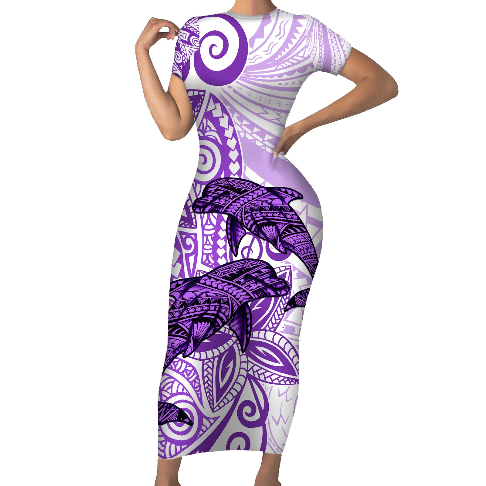 Polynesia Dolphins Short Sleeve Bodycon Dress Valentine Day Floral Polynesian - Vintage Purple LT14 Long Dress Purple - Polynesian Pride