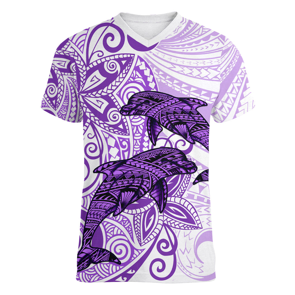 Polynesia Dolphins Women V Neck T Shirt Valentine Day Floral Polynesian - Vintage Purple LT14 Female Purple - Polynesian Pride