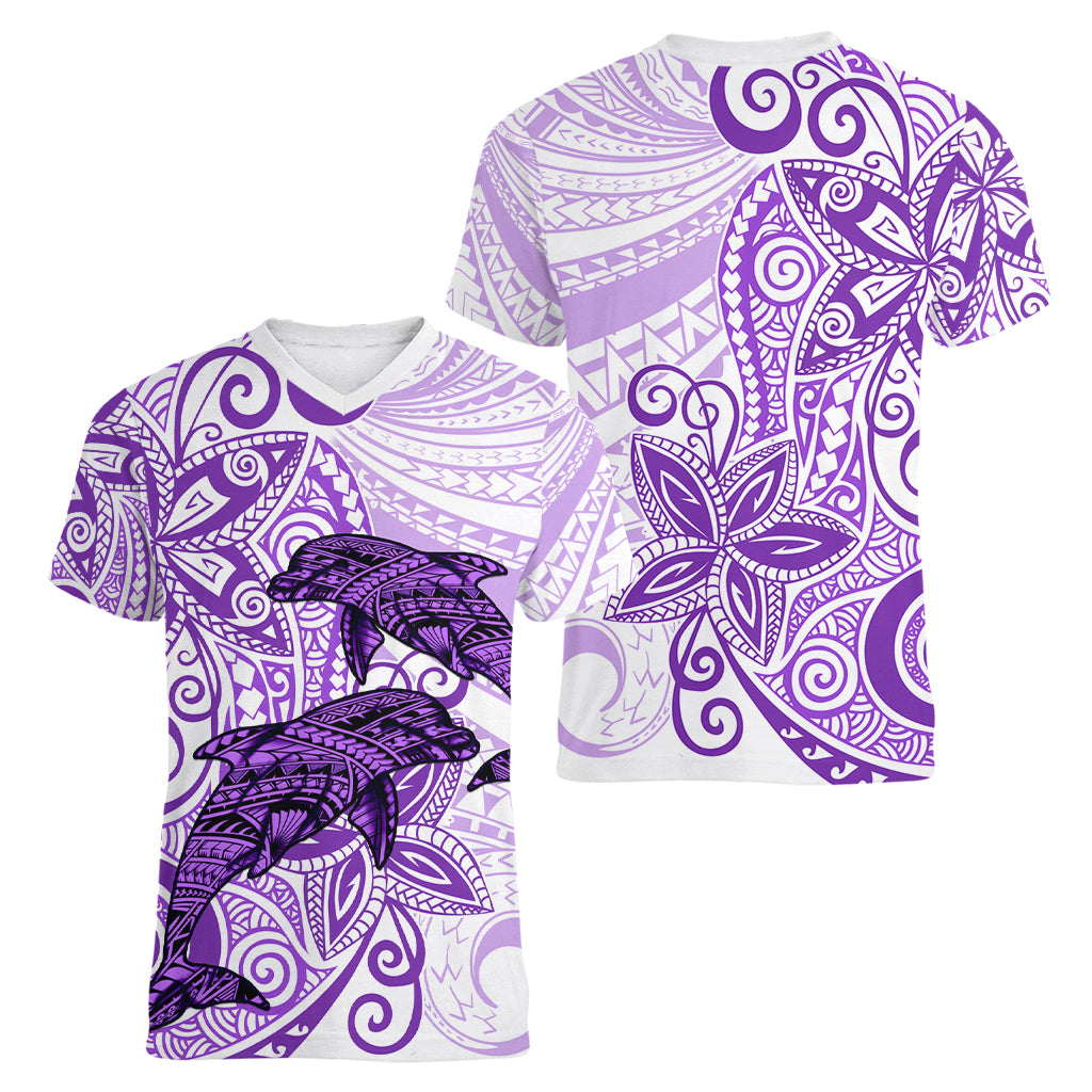 Polynesia Dolphins Women V Neck T Shirt Valentine Day Floral Polynesian - Vintage Purple LT14 - Polynesian Pride