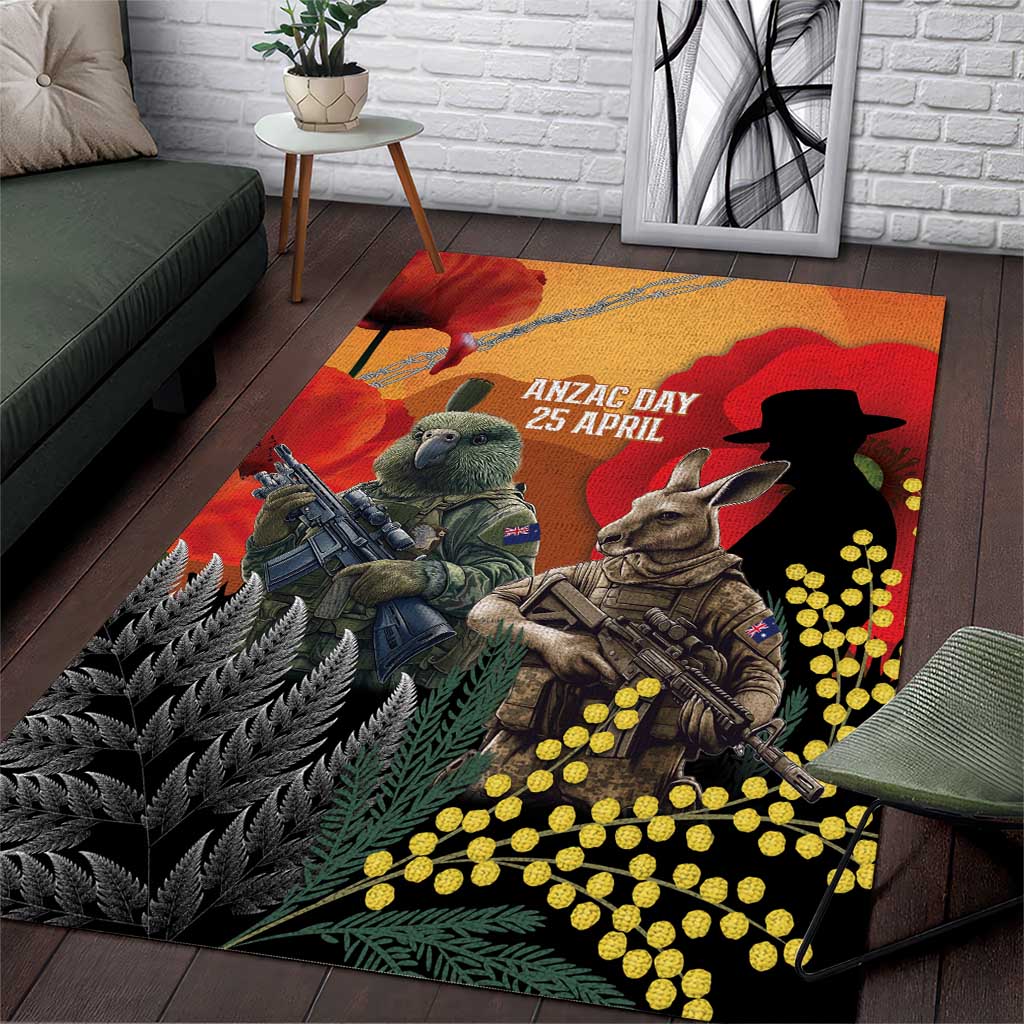 New Zealand and Australia ANZAC Day Area Rug Sliver Fern Kakapo With Golden Wattle Kangaroo