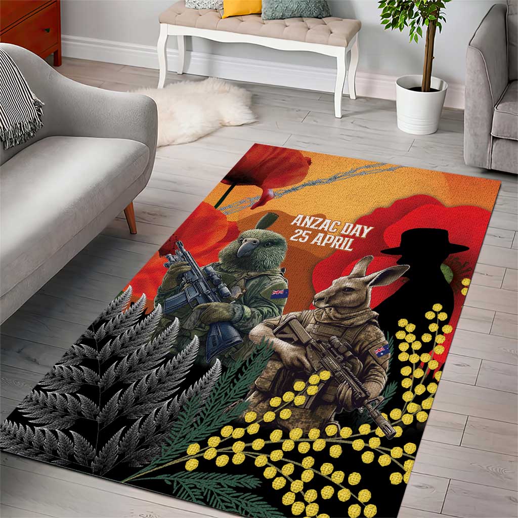 New Zealand and Australia ANZAC Day Area Rug Sliver Fern Kakapo With Golden Wattle Kangaroo